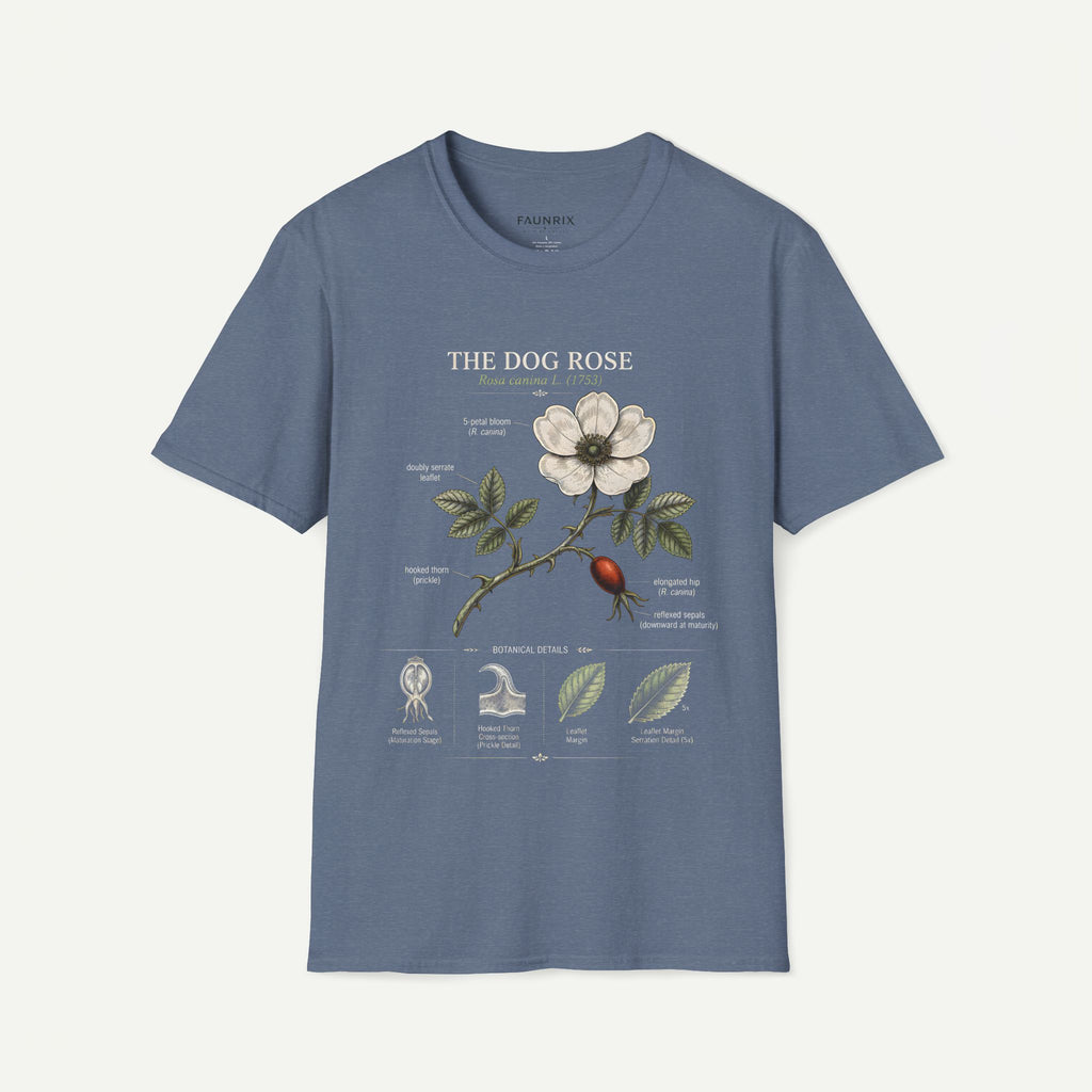 Dog Rose Floral T-Shirt — Botanical Illustration Tee with 'The Dog Rose' Label