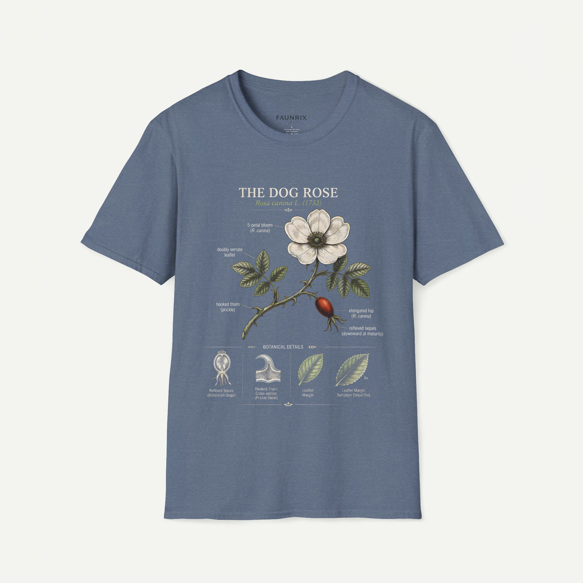 Dog Rose Floral T-Shirt — Botanical Illustration Tee with 'The Dog Rose' Label