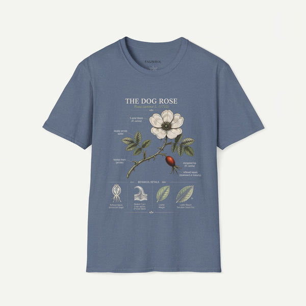 Dog Rose Floral T-Shirt — Botanical Illustration Tee with 'The Dog Rose' Label