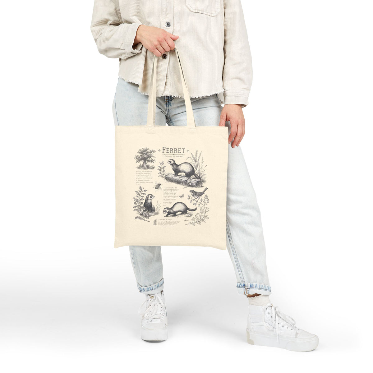 Ferret Anatomy Canvas Tote Bag — Vintage Wildlife Diagram Grocery & Book Bag