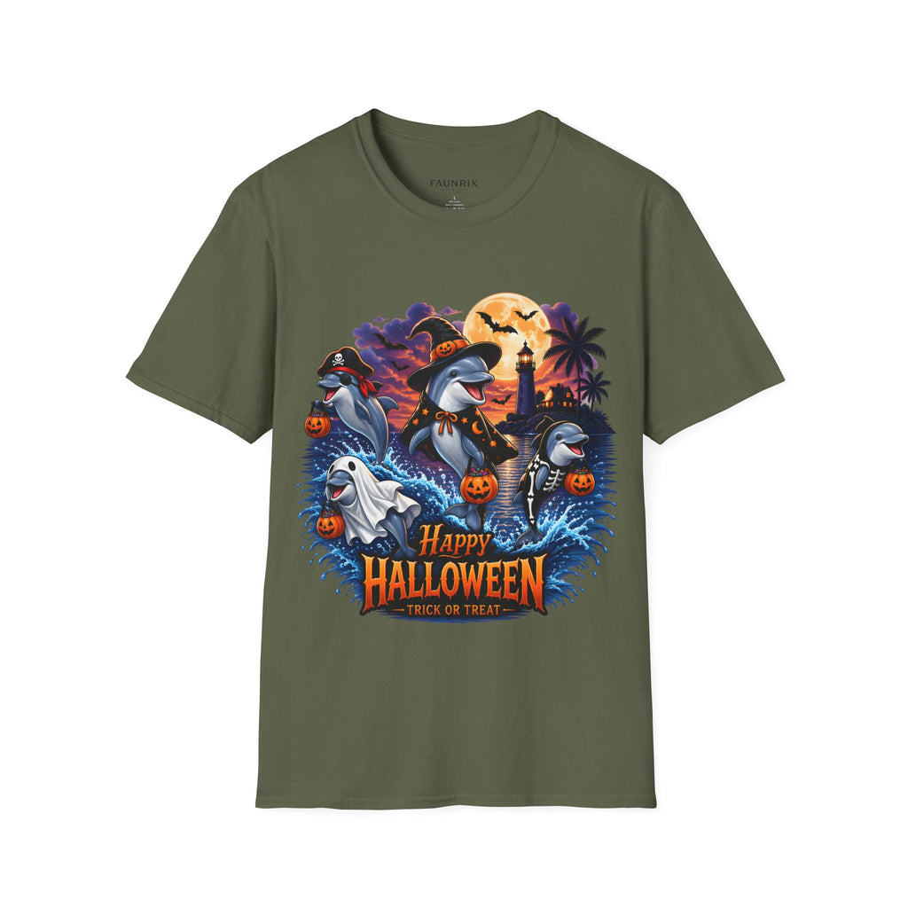 Halloween Dolphin T-Shirt — Cute Spooky Beach Scene with 'Happy Halloween'