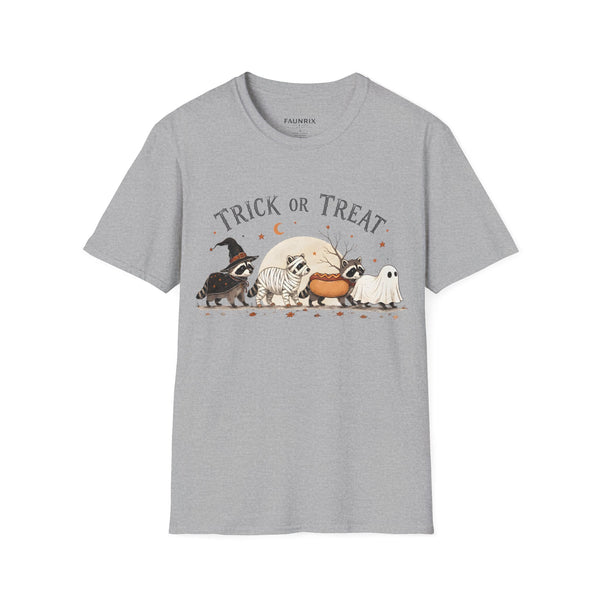 Trick or Treat Halloween T-Shirt — Cute Costume Raccoon, Mummy & Ghost Graphic