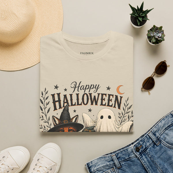 Happy Halloween T-Shirt — Cute Witch Cat & Ghost Pumpkin Graphic Tee