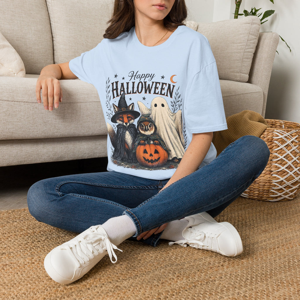 Happy Halloween T-Shirt — Cute Witch Cat & Ghost Pumpkin Graphic Tee