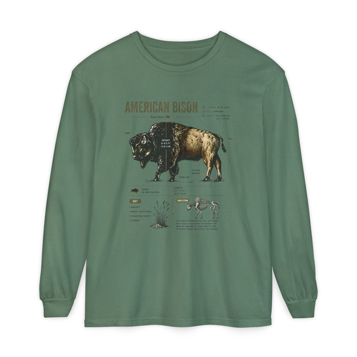 American Bison Anatomy Long Sleeve Tee — Vintage Wildlife Diagram Shirt