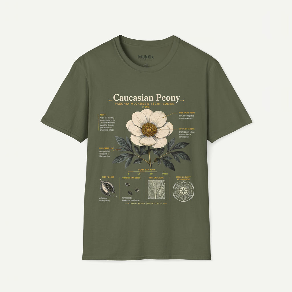 Caucasian Peony Botanical Anatomy T-Shirt — Vintage Floral Illustration Tee