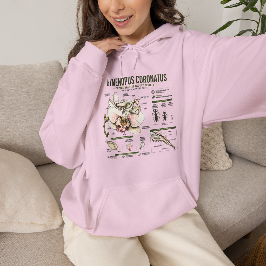 Botanical Hooded Sweatshirt — Hymenopus Coronatus Praying Mantis Illustration