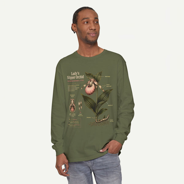 Lady's Slipper Botanical Long Sleeve Tee — Vintage Orchid Illustration
