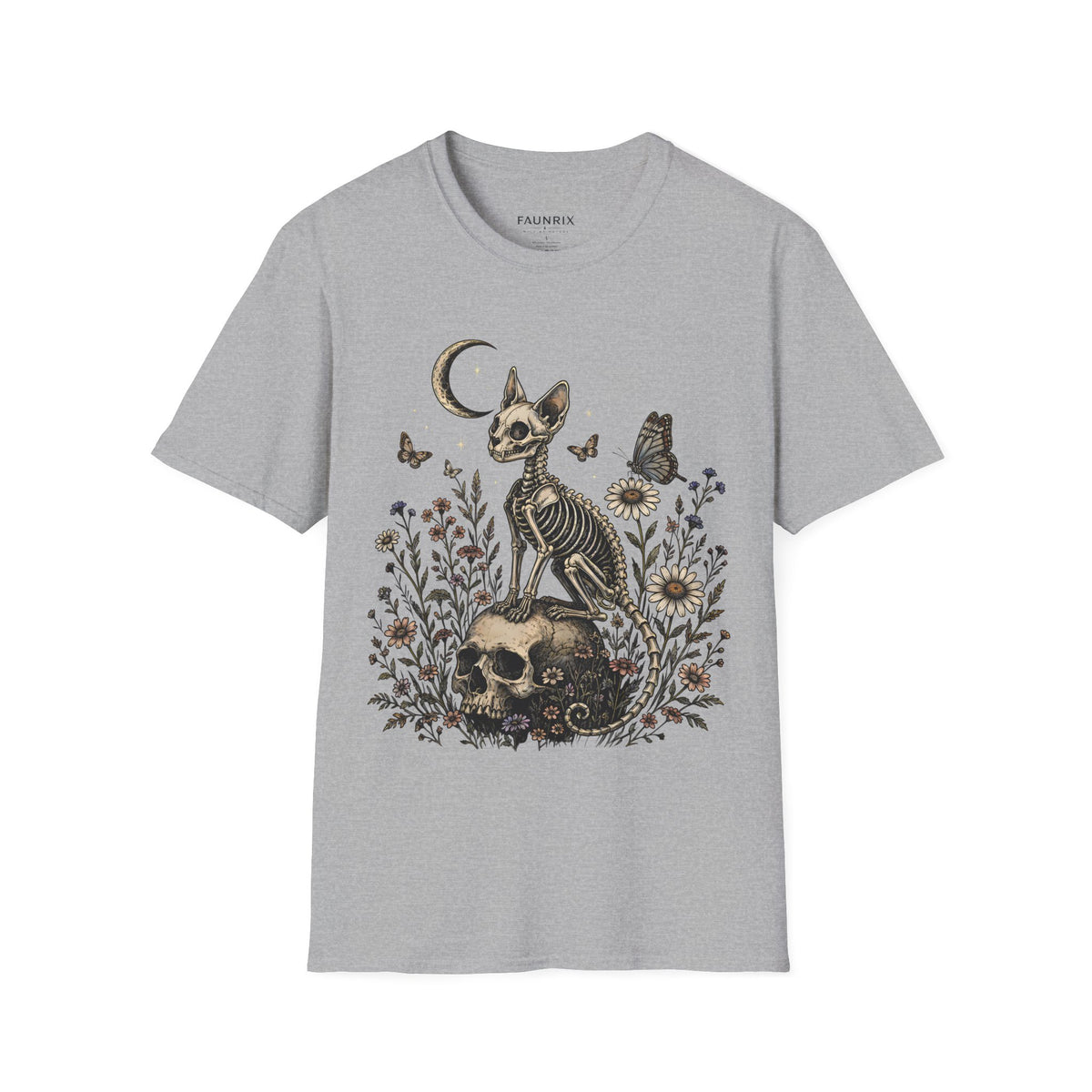 Skeleton Cat Moon T-Shirt — Gothic Floral Skull Tee