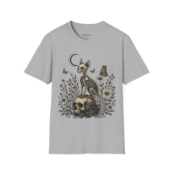 Skeleton Cat Moon T-Shirt — Gothic Floral Skull Tee