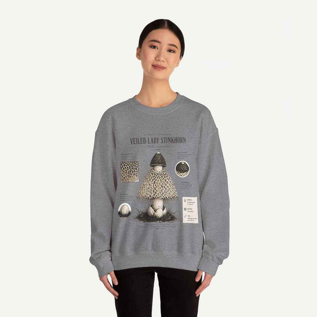 Veiled Lady Stinkhorn Mushroom Crewneck Sweatshirt — Botanical Mycology Graphic
