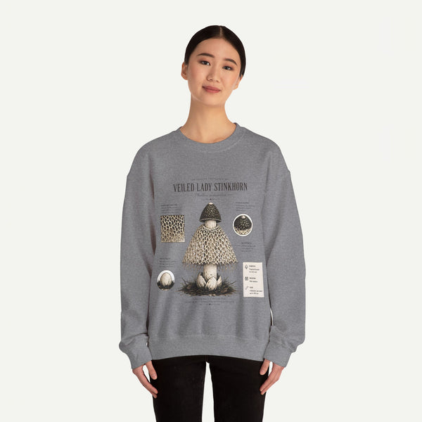 Veiled Lady Stinkhorn Mushroom Crewneck Sweatshirt — Botanical Mycology Graphic