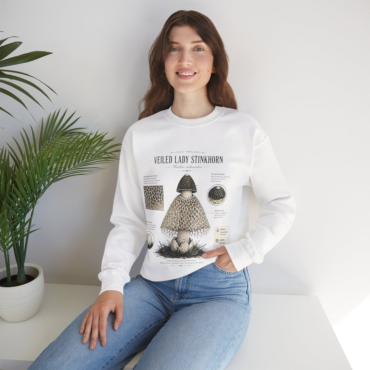 Veiled Lady Stinkhorn Mushroom Crewneck Sweatshirt — Botanical Mycology Graphic