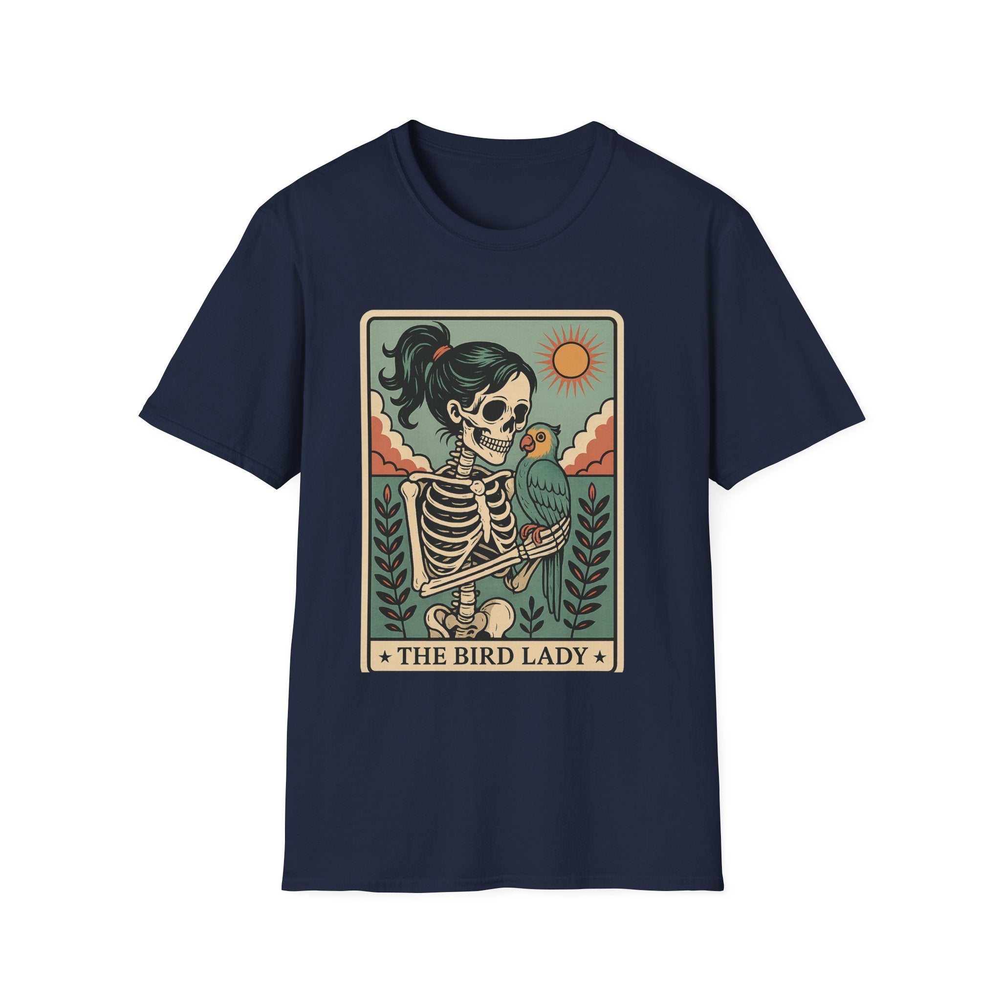 The Bird Lady T-Shirt — Retro Skeleton Woman with Parrot Graphic