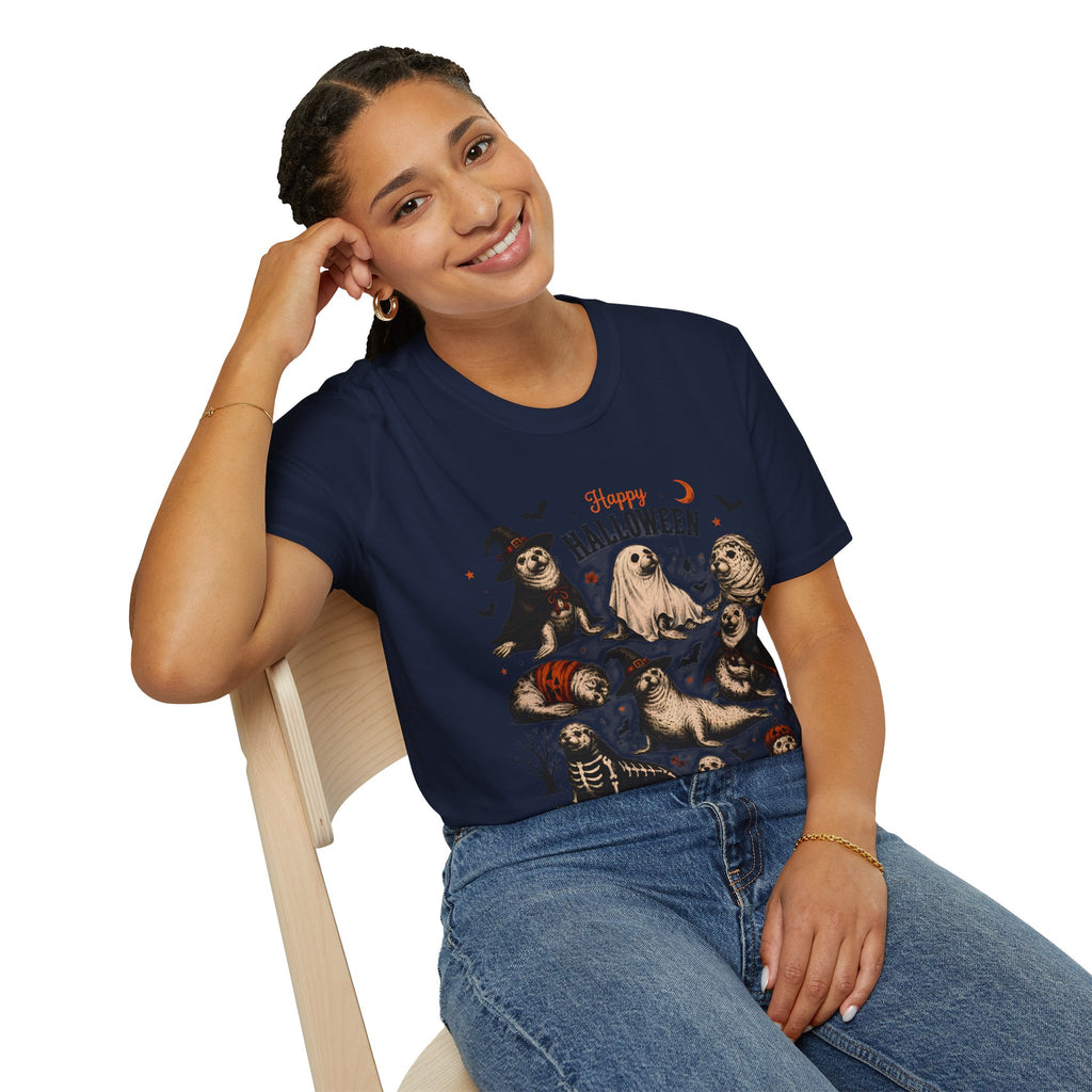 Halloween Seal Crewneck T-Shirt — Happy Halloween Cute Spooky Seal Pals