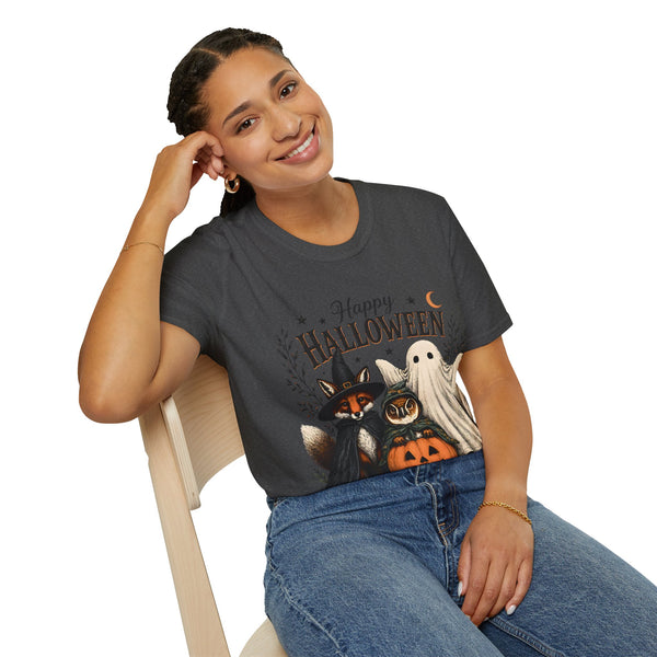Happy Halloween T-Shirt — Cute Witch Cat & Ghost Pumpkin Graphic Tee