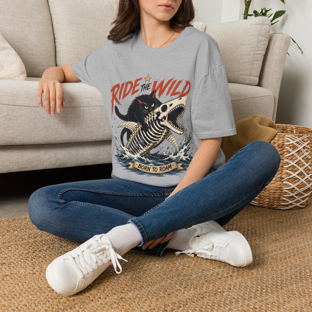 Ride the Wild T-Shirt — Cat Riding Dinosaur Skull Graphic Tee