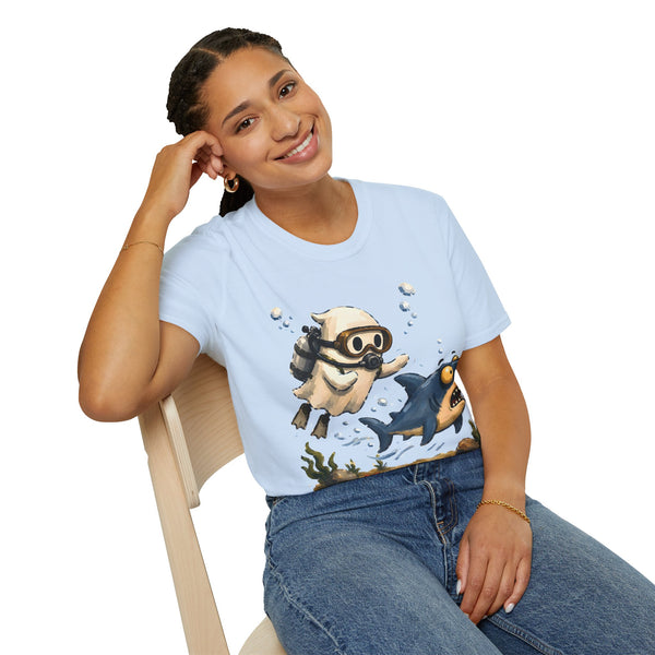 Dive Buddy T‑Shirt — Cute Scuba Pug Chasing Shark Illustration