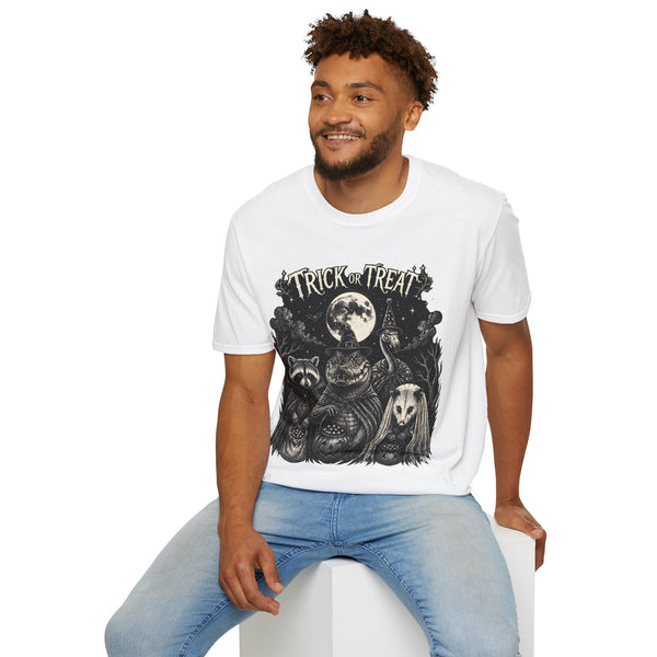 Trick or Treat Halloween T-Shirt — Vintage Moonlit Witch & Spooky Animals Tee