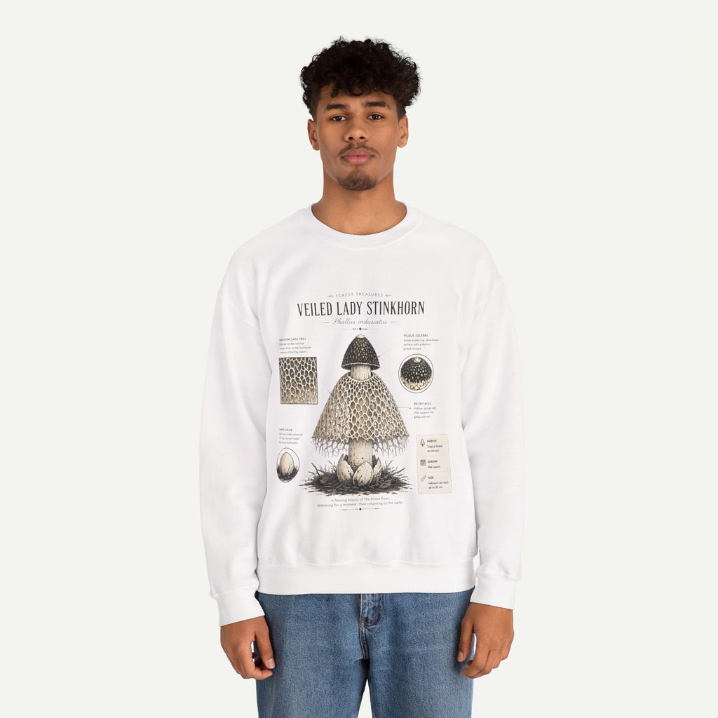 Veiled Lady Stinkhorn Mushroom Crewneck Sweatshirt — Botanical Mycology Graphic