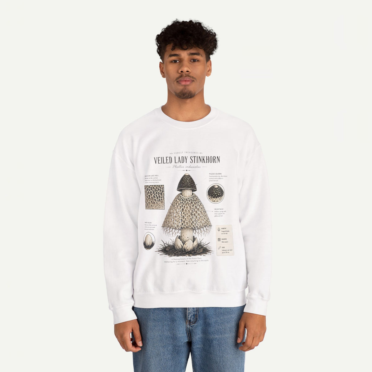Veiled Lady Stinkhorn Mushroom Crewneck Sweatshirt — Botanical Mycology Graphic