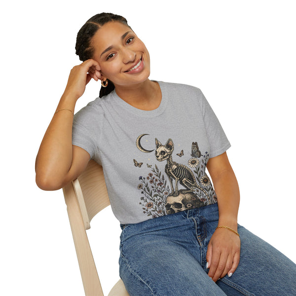 Skeleton Cat Moon T-Shirt — Gothic Floral Skull Tee