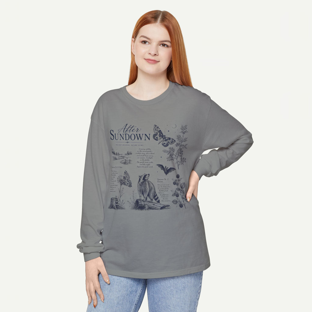After Sundown Long Sleeve Tee — Vintage Moonlit Nature Graphic