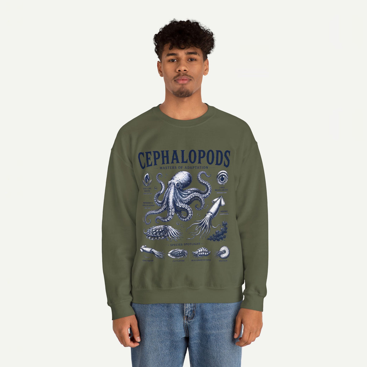 Cephalopods Crewneck Sweatshirt — Vintage Marine Biology Octopus Illustration