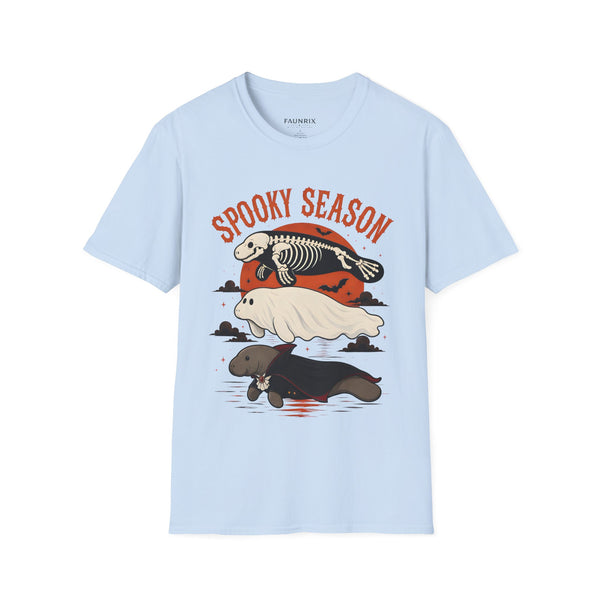 Spooky Season T-Shirt – Retro Skeleton Manatee Halloween Tee