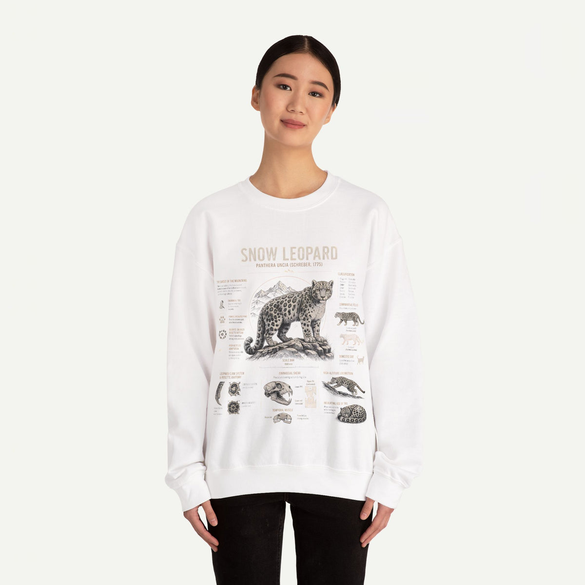 Snow Leopard Anatomy Sweatshirt — Vintage Wildlife Diagram Crewneck