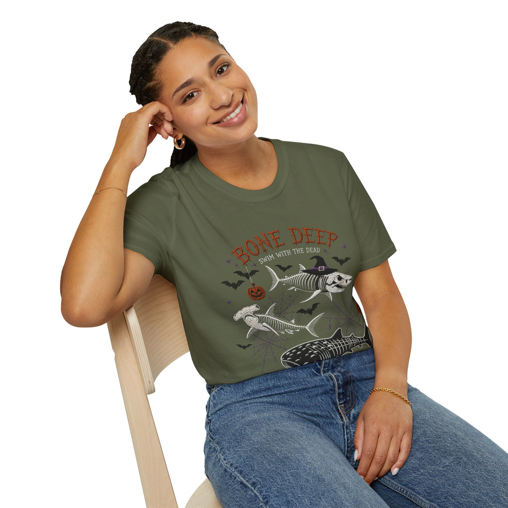 T-Shirt — "Bone Deep" Halloween Fish Skeleton Graphic Tee