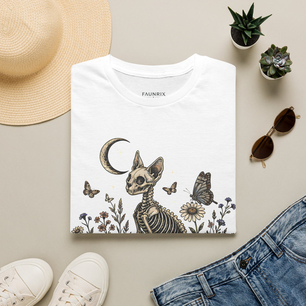 Skeleton Cat Moon T-Shirt — Gothic Floral Skull Tee