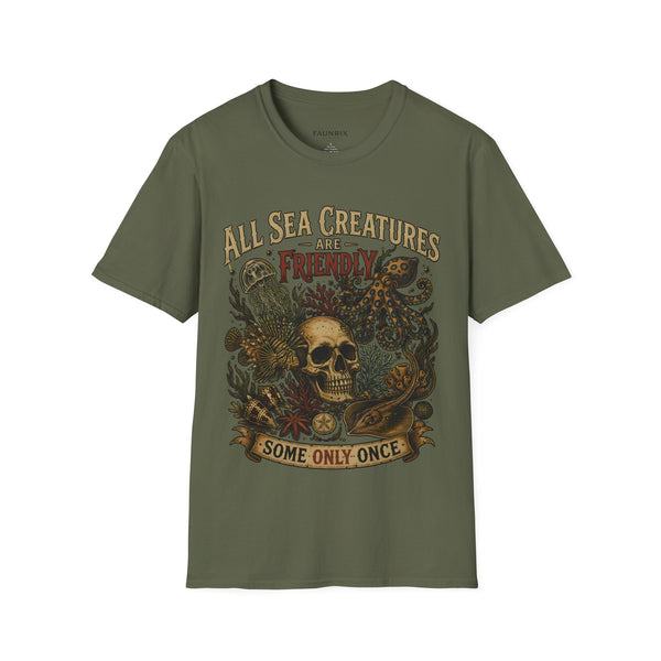 Ocean Creature Graphic T-Shirt — "All Sea Creatures Are Friendly (Some Only Once)" Vintage Skull Octopus Tee