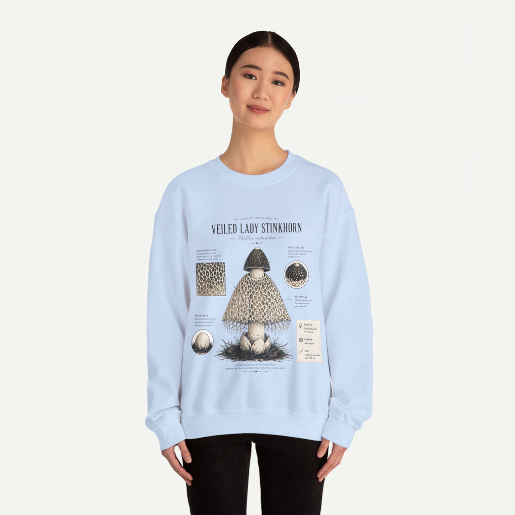 Veiled Lady Stinkhorn Mushroom Crewneck Sweatshirt — Botanical Mycology Graphic