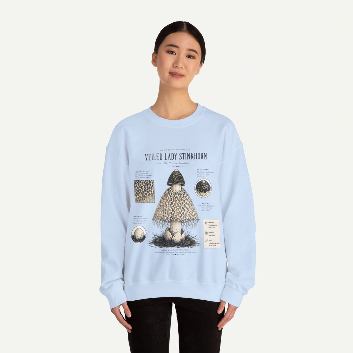 Veiled Lady Stinkhorn Mushroom Crewneck Sweatshirt — Botanical Mycology Graphic