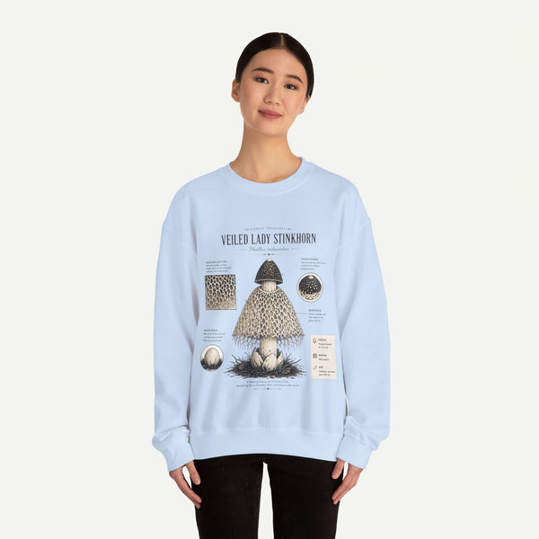 Veiled Lady Stinkhorn Mushroom Crewneck Sweatshirt — Botanical Mycology Graphic