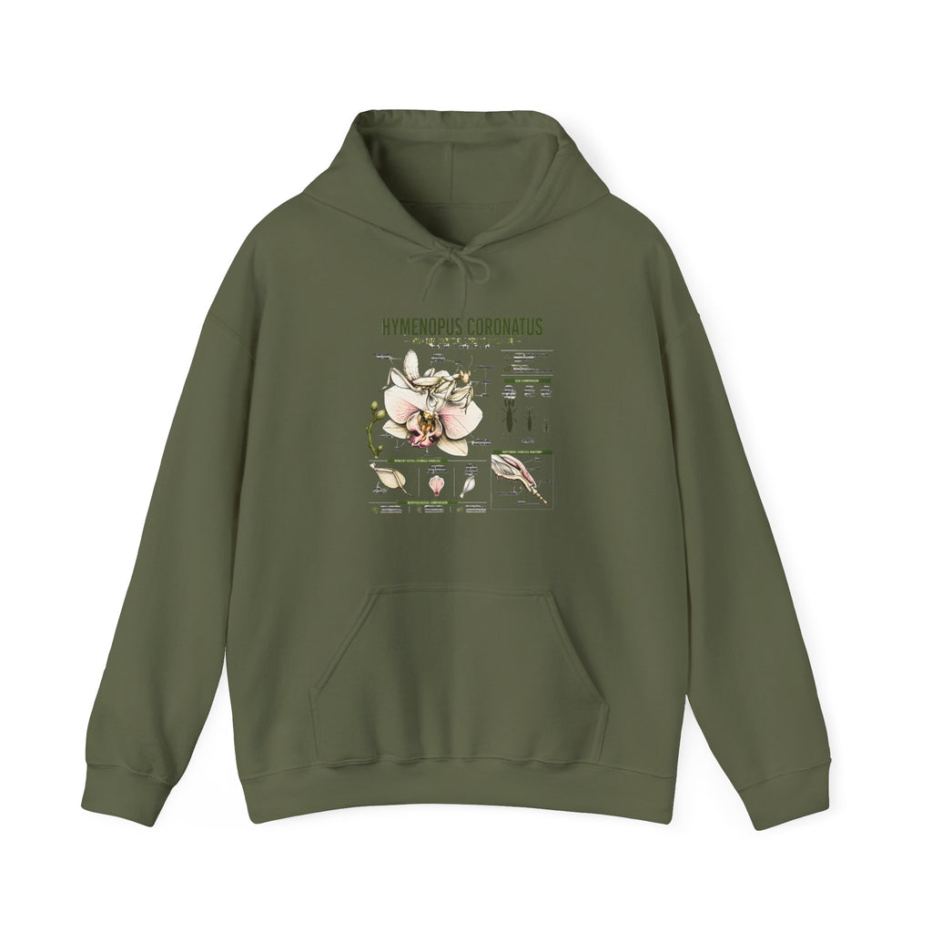 Botanical Hooded Sweatshirt — Hymenopus Coronatus Praying Mantis Illustration