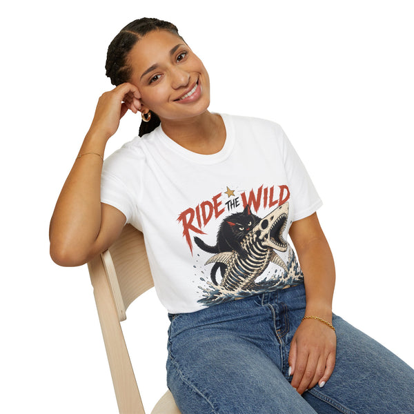 Ride the Wild T-Shirt — Cat Riding Dinosaur Skull Graphic Tee