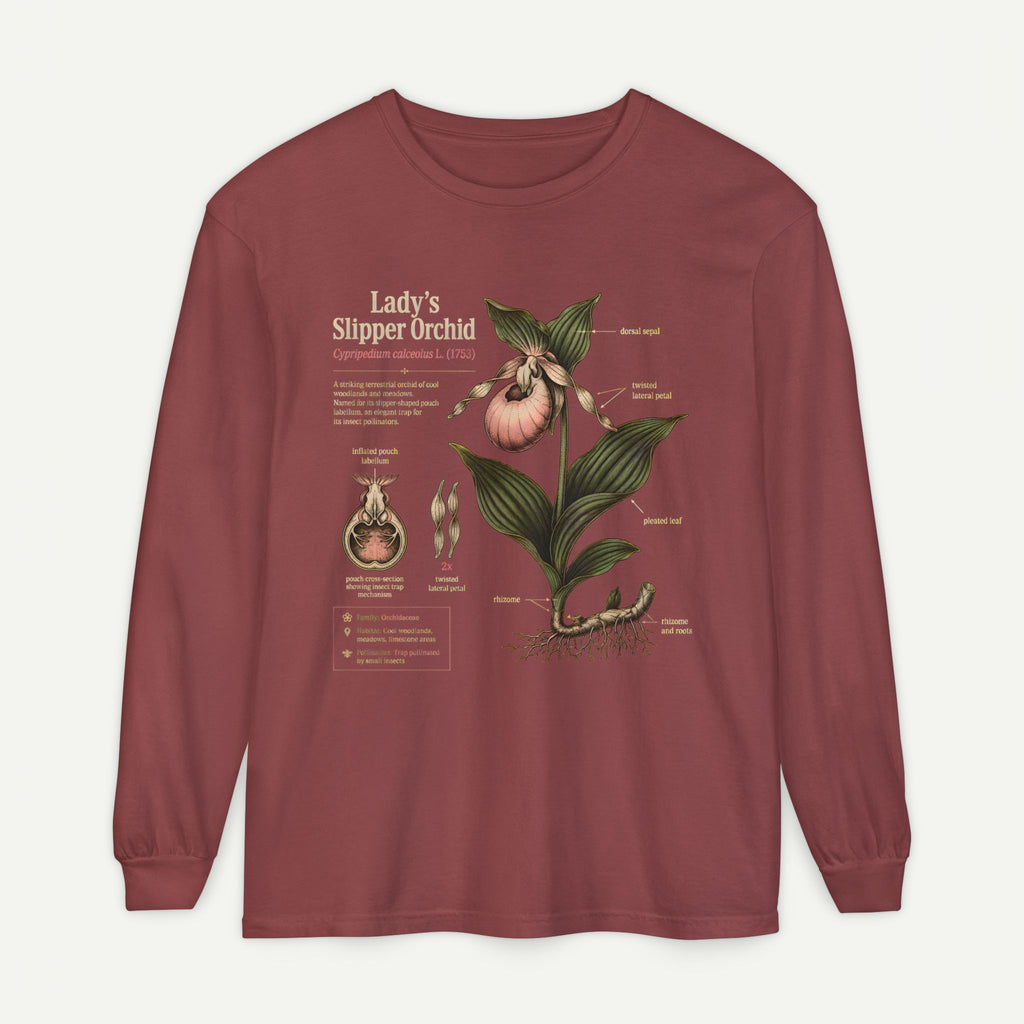 Lady's Slipper Botanical Long Sleeve Tee — Vintage Orchid Illustration