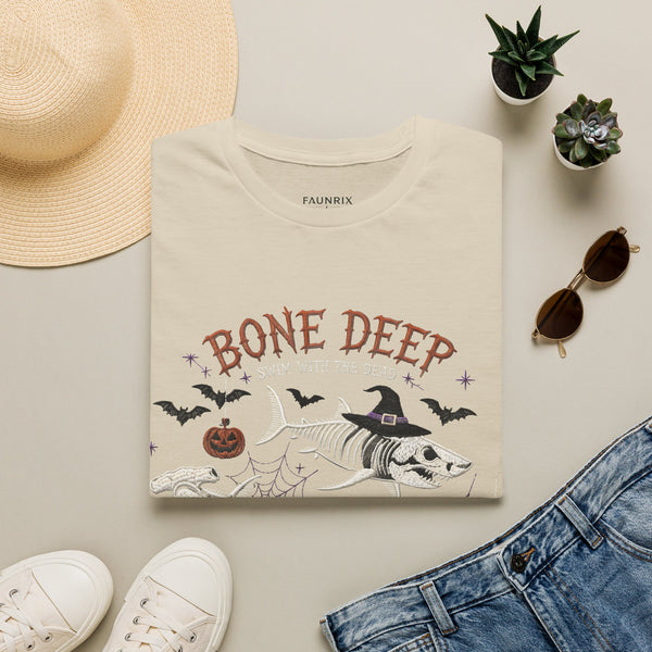 T-Shirt — "Bone Deep" Halloween Fish Skeleton Graphic Tee