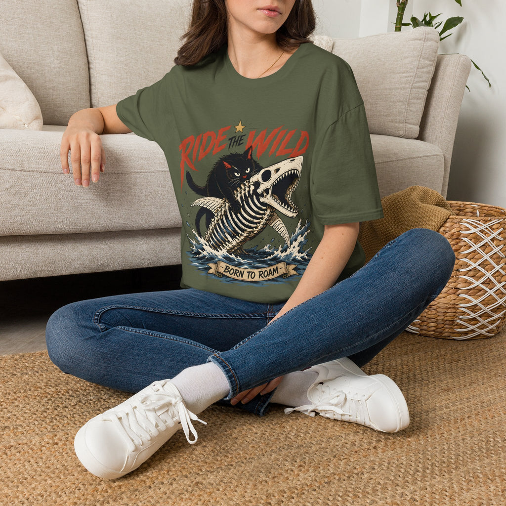Ride the Wild T-Shirt — Cat Riding Dinosaur Skull Graphic Tee