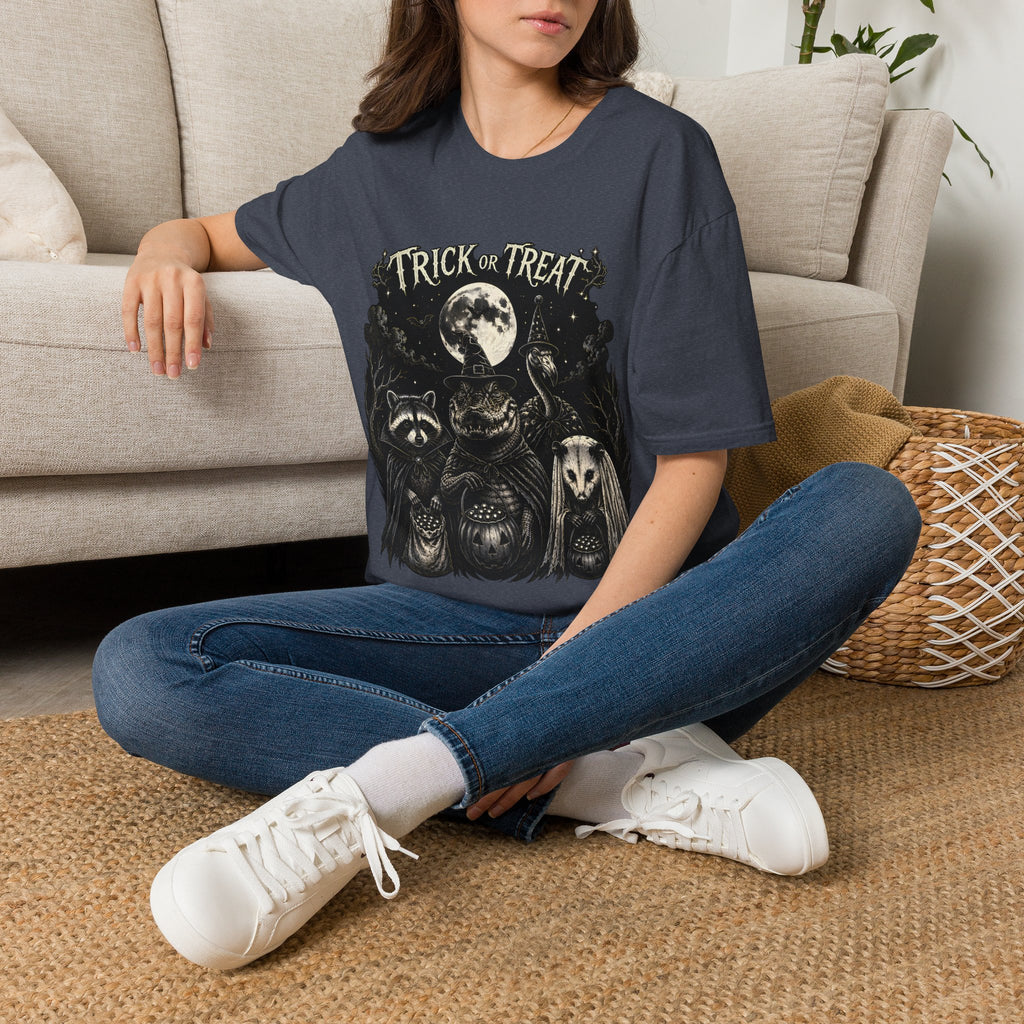 Halloween 'Trick or Treat' T-Shirt — Spooky Moon & Creatures Graphic