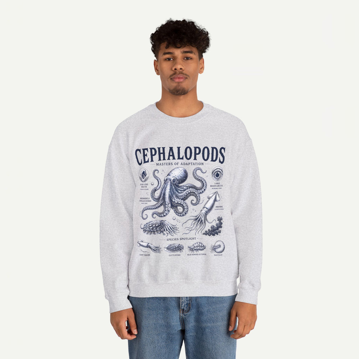 Cephalopods Crewneck Sweatshirt — Vintage Marine Biology Octopus Illustration