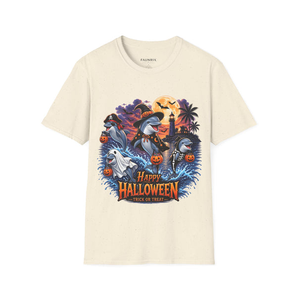 Halloween Dolphin T-Shirt — Cute Spooky Beach Scene with 'Happy Halloween'