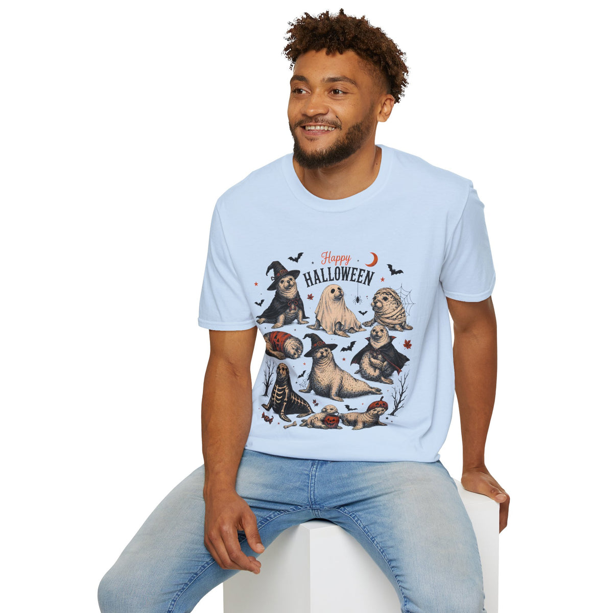 Halloween Seal Crewneck T-Shirt — Happy Halloween Cute Spooky Seal Pals