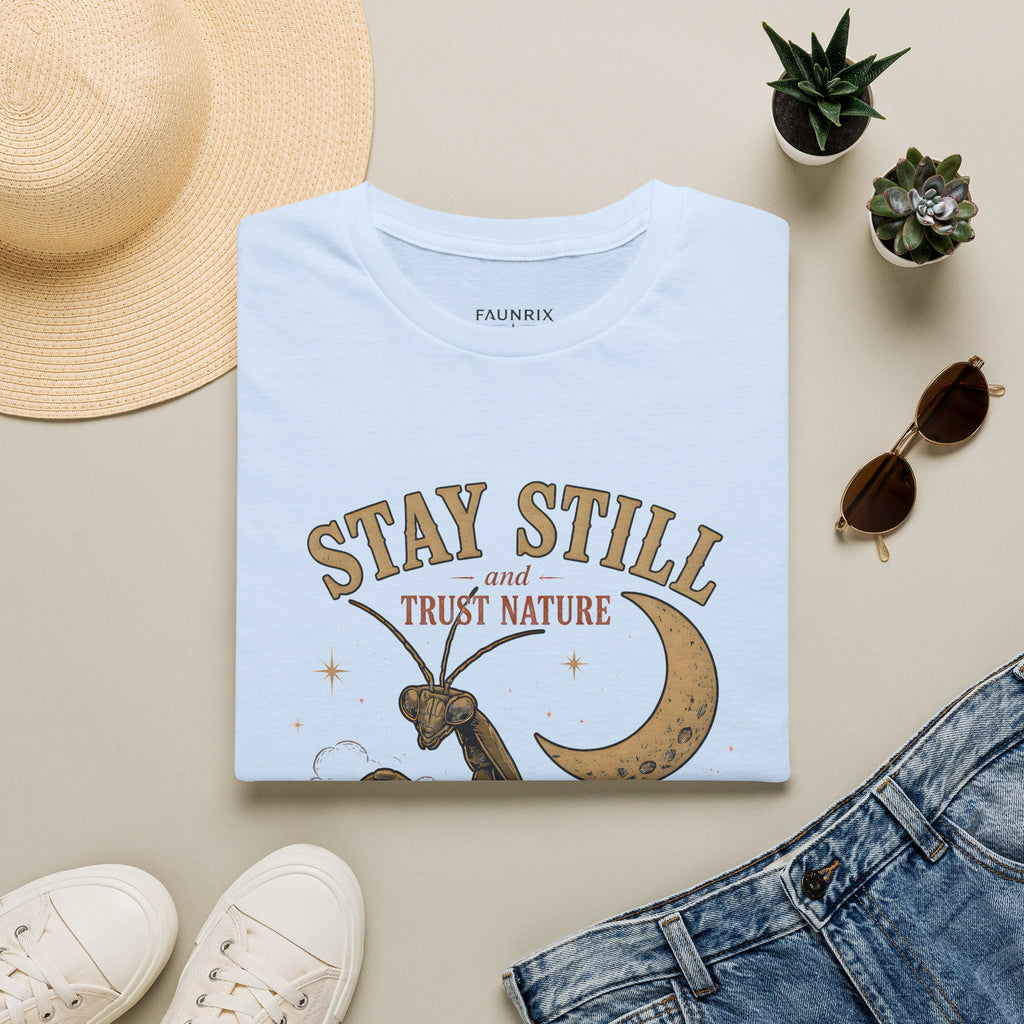 T‑Shirt — Stay Still and Trust Nature Praying Mantis & Moon Graphic Tee