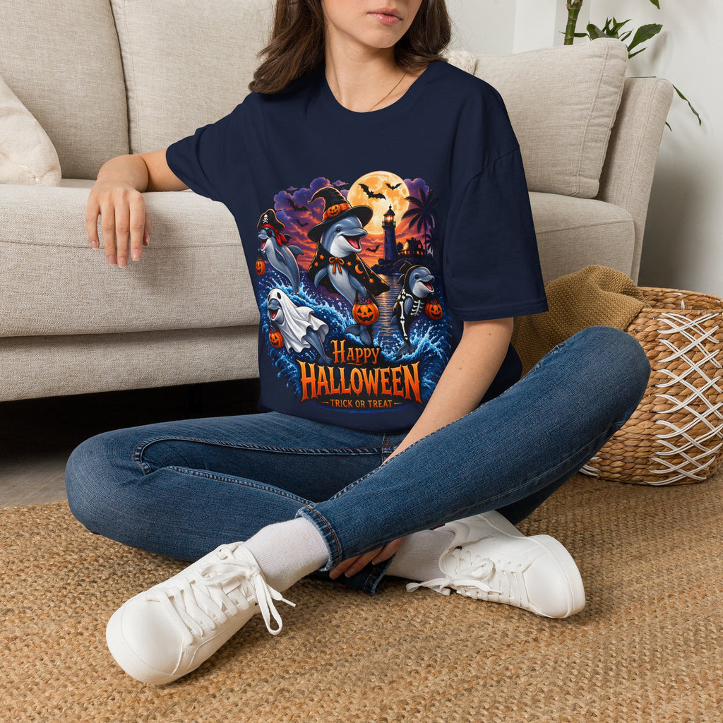 Halloween Dolphin T-Shirt — Cute Spooky Beach Scene with 'Happy Halloween'