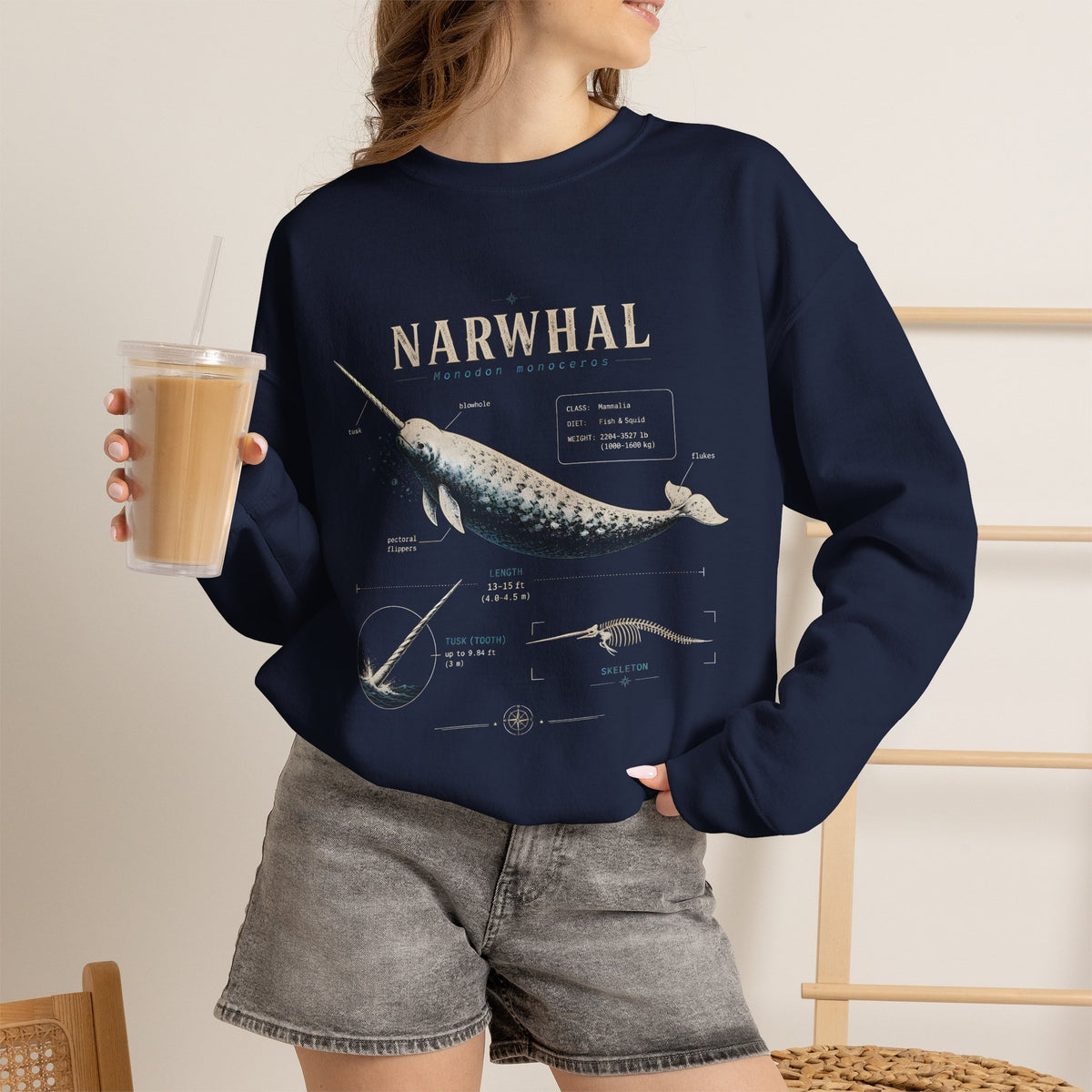 Narwhal Crewneck Sweatshirt - Vintage Sea Mammal Graphic