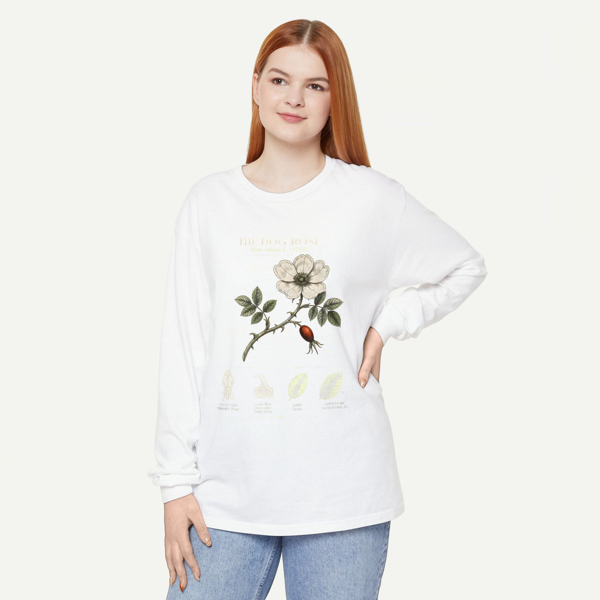 Vintage Botanical Long Sleeve Tee — Wild Rose Illustration