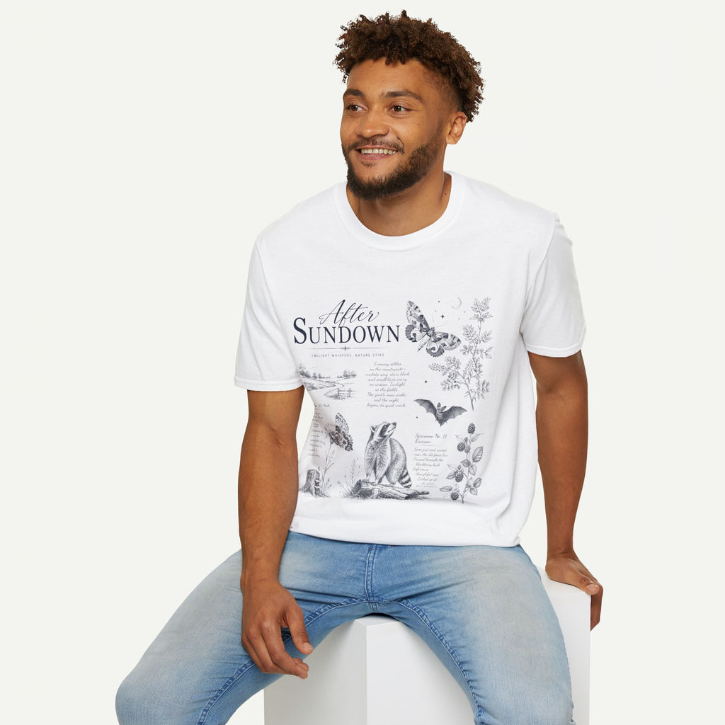 After Sundown T-Shirt — Vintage Nightscape Tee with Butterfly & Nature Illustrations